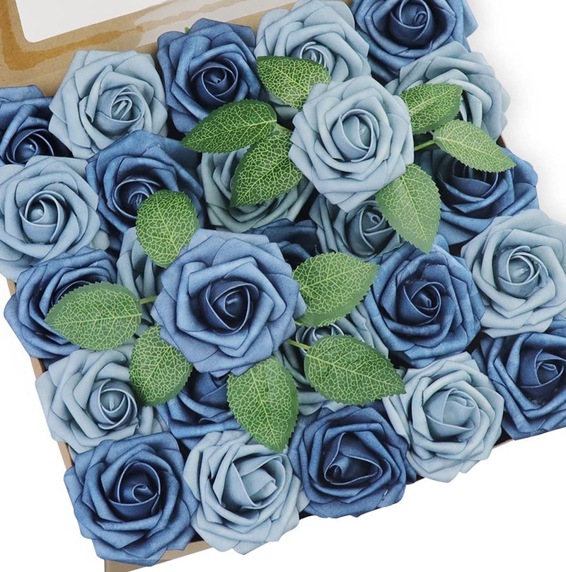 Jdsour 50pcs Artificial Flowerï¼ŒReal Touch Foam Roses w/Stem DIY for Wedding Bouquet Centerpieces Party Shower Home Decor-Dusty Blue Shades - Image 1